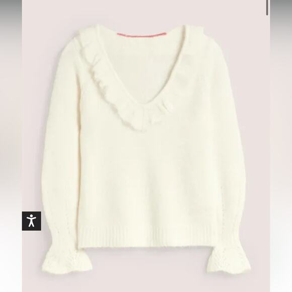 Boden Fluffy Frill V-neck Sweater Ivory Alpaca Size 12 - Picture 6 of 15
